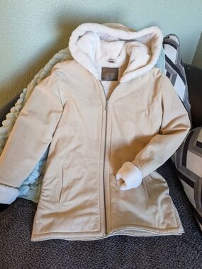 St. John's Bay Tan Hooded Suede Heavy Winter Coat With Cream Sherpa Lining